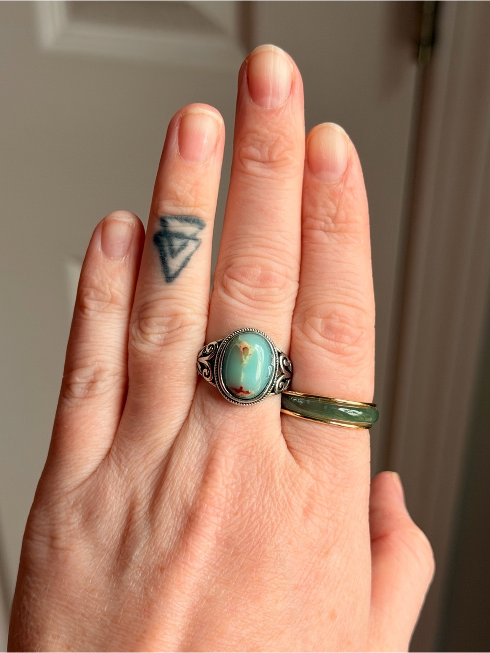 Silver Shoushan Stone Oval Statement Ring - Green/Blue